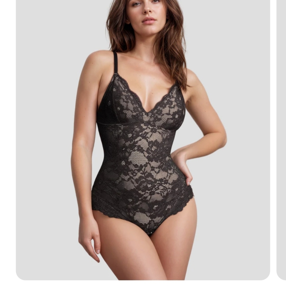 Black Shapewear Bodysuit with Floral Lace